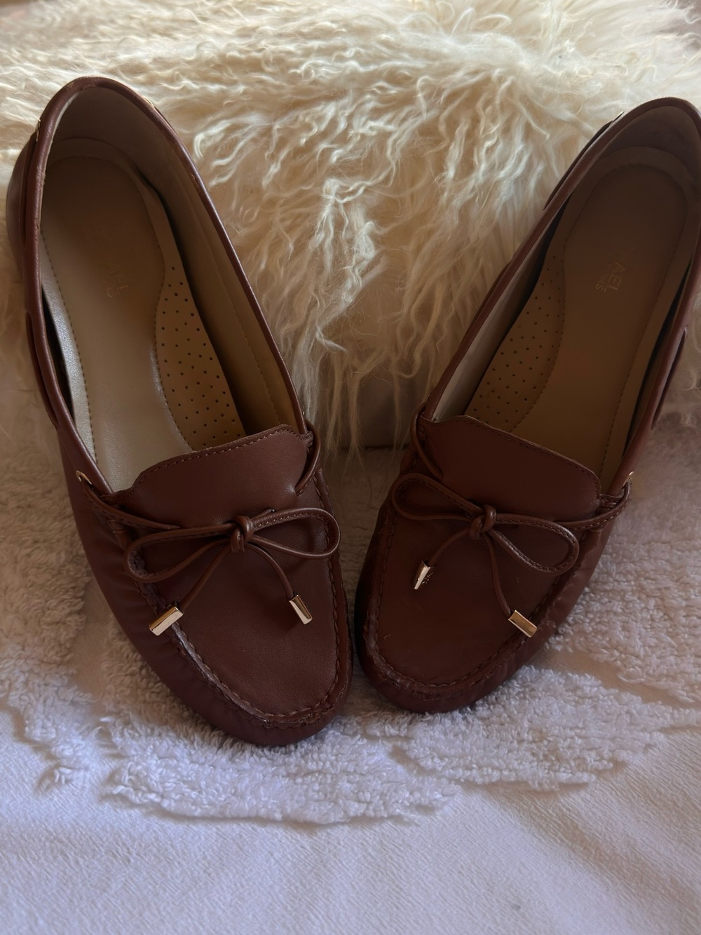 Michael Kors Brown Leather Bow-Trim Moccasin Loafers